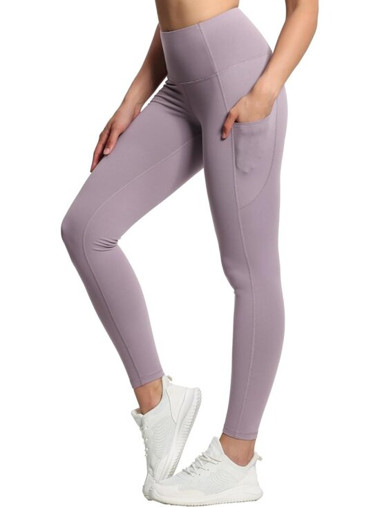 Pants - Women's Grey Purple Heather Thick High Waist Tummy Control Workout Yoga Leggings